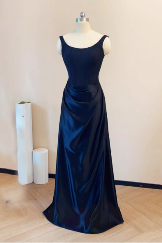 Navy Blue Satin Corset Waist Spaghetti Strap Prom Dress, Formal Evening Gown Floral-013