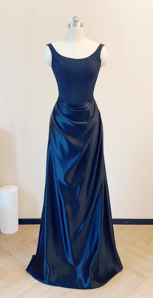 Navy Blue Satin Corset Waist Spaghetti Strap Prom Dress, Formal Evening Gown Floral-013