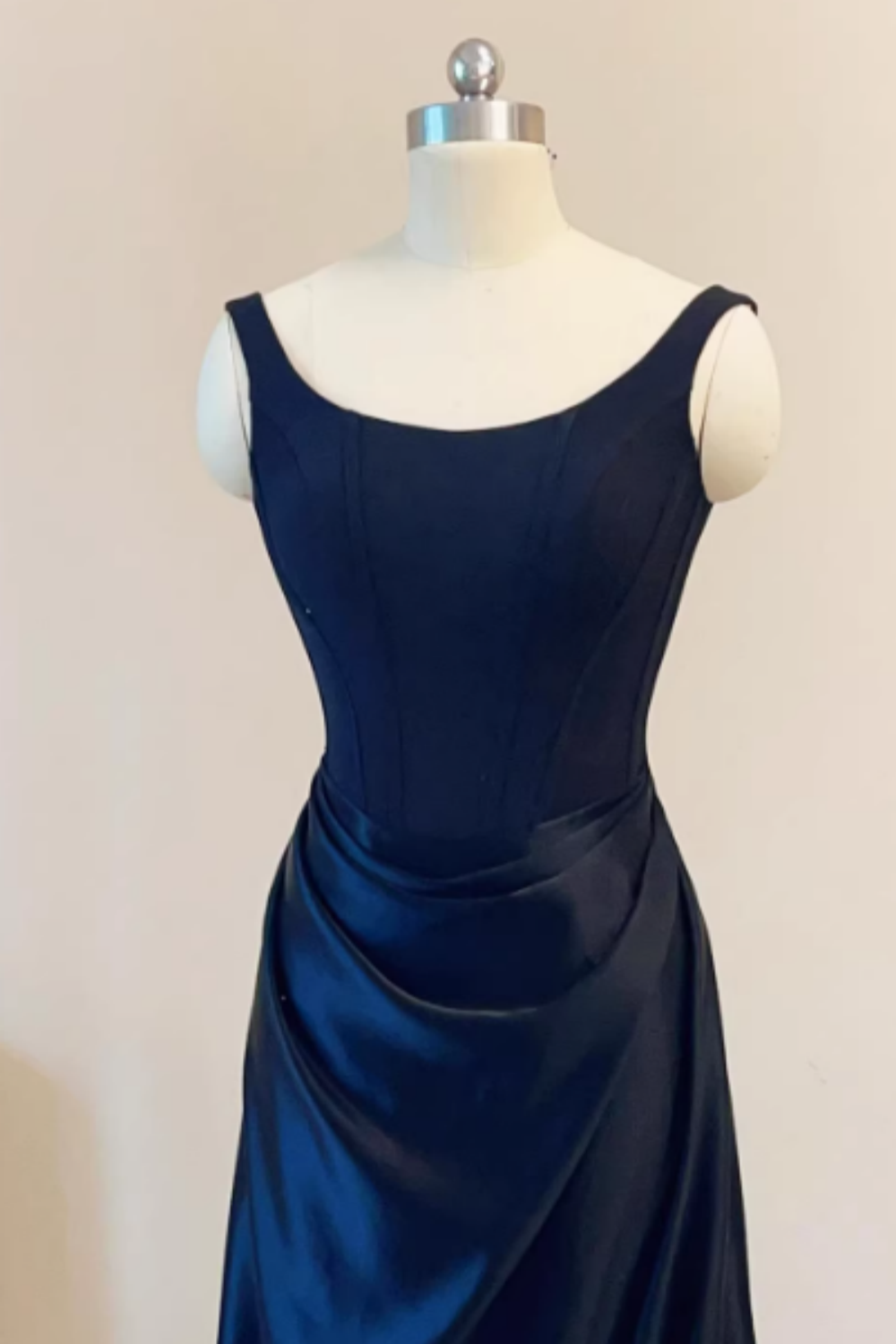 Navy Blue Satin Corset Waist Spaghetti Strap Prom Dress, Formal Evening Gown Floral-013