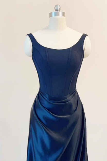 Navy Blue Satin Corset Waist Spaghetti Strap Prom Dress, Formal Evening Gown Floral-013