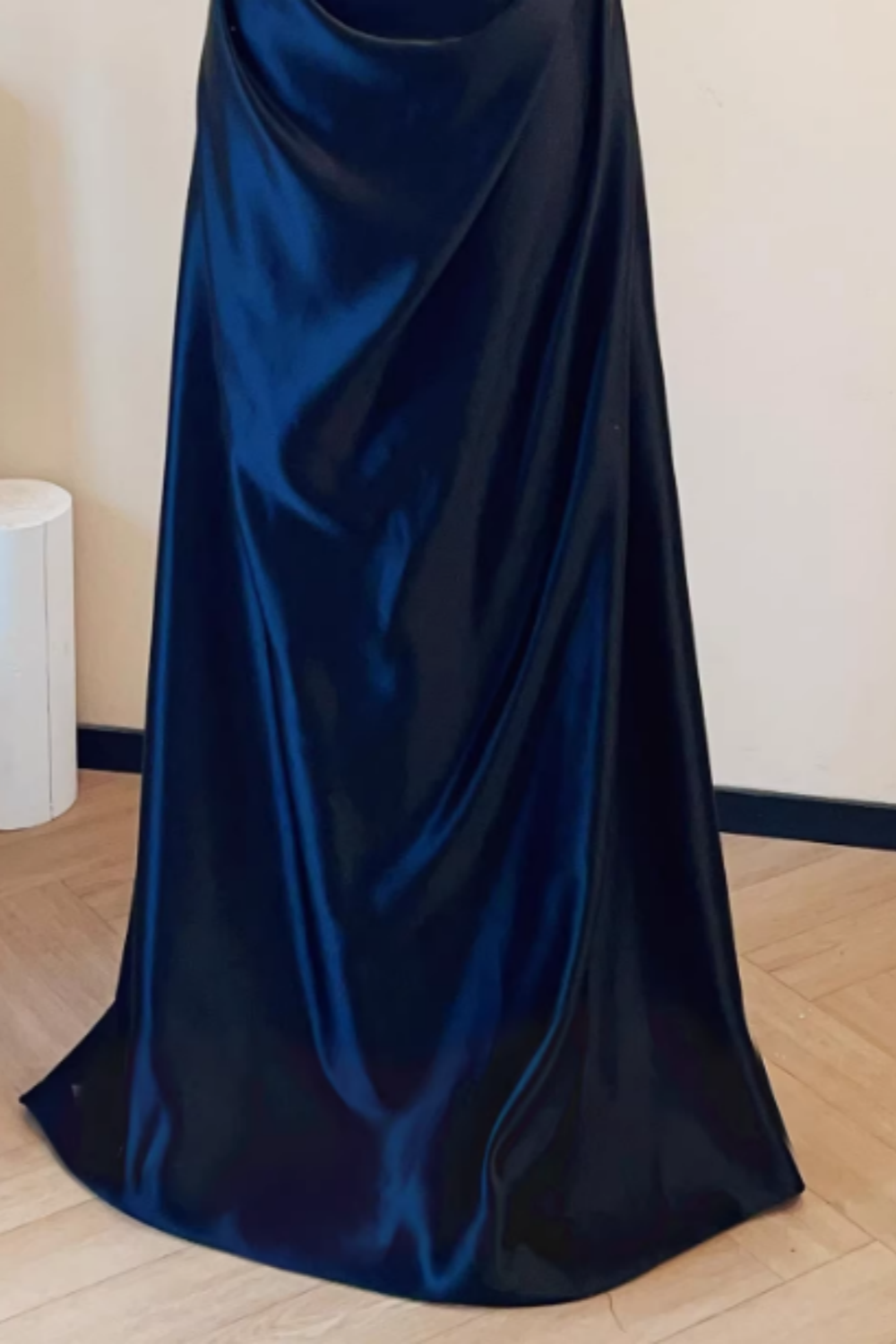 Navy Blue Satin Corset Waist Spaghetti Strap Prom Dress, Formal Evening Gown Floral-013
