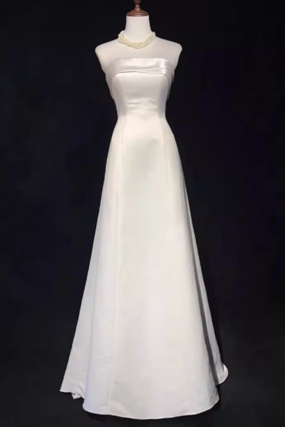 White Satin Strapless Wedding Dress, Bow Back Chapel Train Bridal Gown Floral-012
