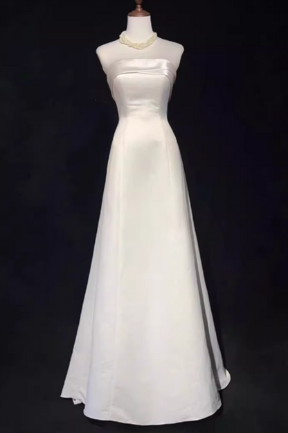 White Satin Strapless Wedding Dress, Bow Back Chapel Train Bridal Gown Floral-012