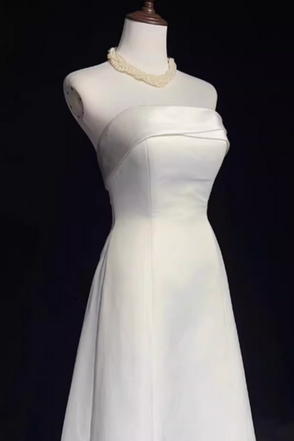 White Satin Strapless Wedding Dress, Bow Back Chapel Train Bridal Gown Floral-012