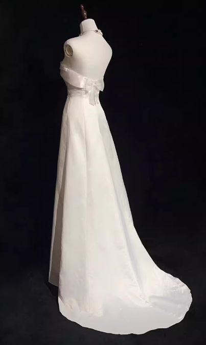 White Satin Strapless Wedding Dress, Bow Back Chapel Train Bridal Gown Floral-012