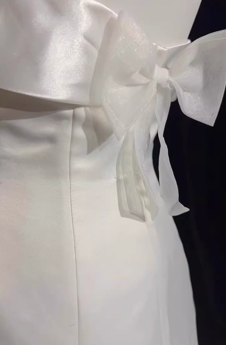 White Satin Strapless Wedding Dress, Bow Back Chapel Train Bridal Gown Floral-012