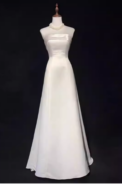 White Satin Strapless Wedding Dress, Bow Back Chapel Train Bridal Gown Floral-012
