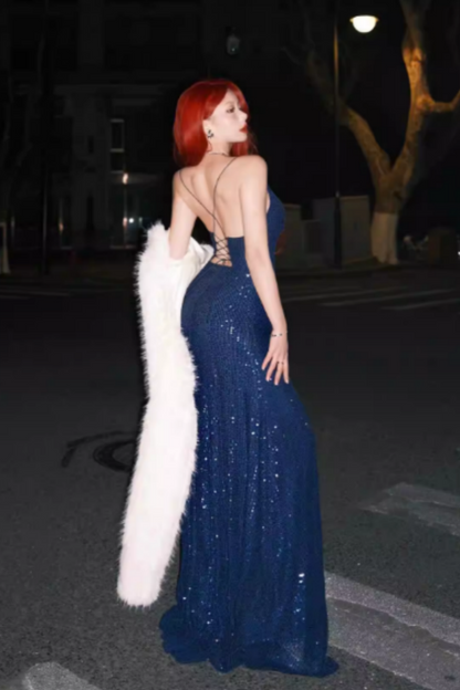 Navy Blue Sequin Spaghetti Strap Lace-up Back Mermaid Prom Dress, Split Formal Evening Gown Floral-010