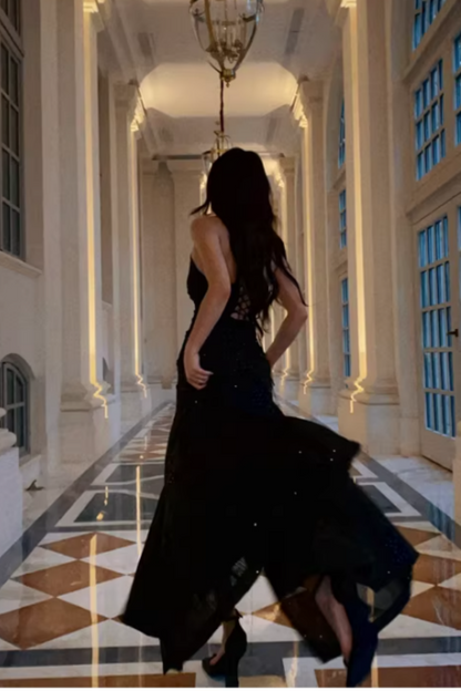 Black Sequin Spaghetti Strap Lace-up Back Mermaid Prom Dress, Split Formal Evening Gown Floral-07