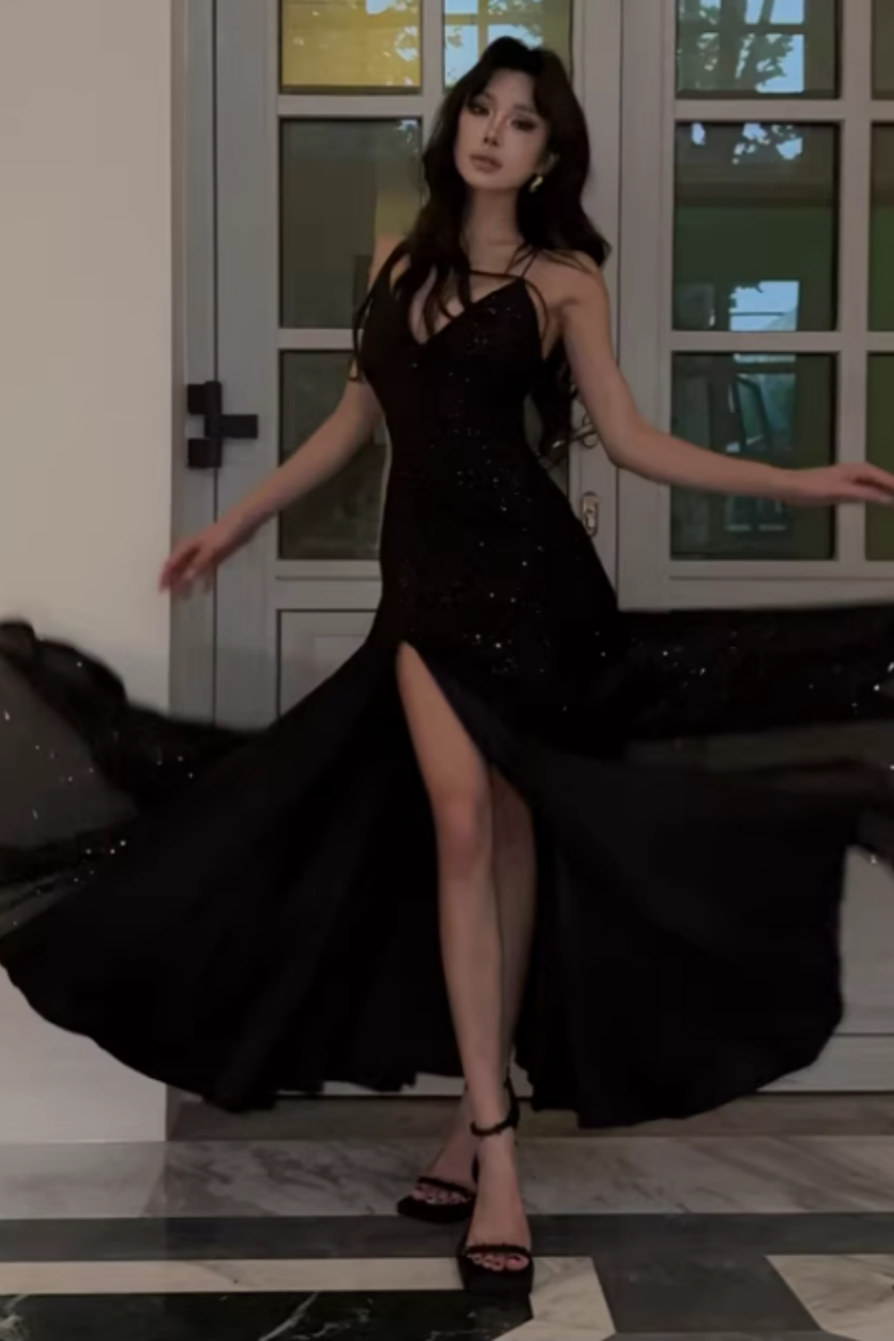 Black Sequin Spaghetti Strap Lace-up Back Mermaid Prom Dress, Split Formal Evening Gown Floral-07