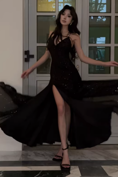 Black Sequin Spaghetti Strap Lace-up Back Mermaid Prom Dress, Split Formal Evening Gown Floral-07