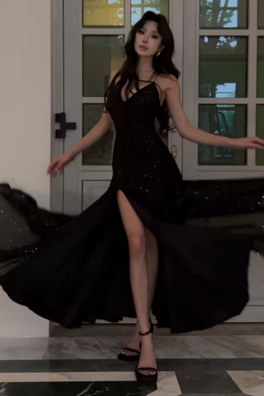 Black Sequin Spaghetti Strap Lace-up Back Mermaid Prom Dress, Split Formal Evening Gown Floral-07