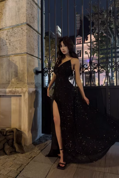 Black Sequin Spaghetti Strap Lace-up Back Mermaid Prom Dress, Split Formal Evening Gown Floral-07
