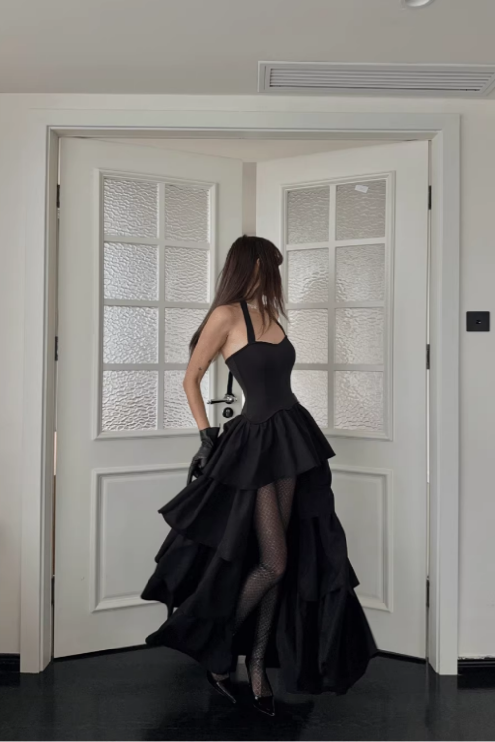 Black Halter Neck Corset Waist Prom Dress, High Low Tiered Ruffle Formal Evening Gown FD023