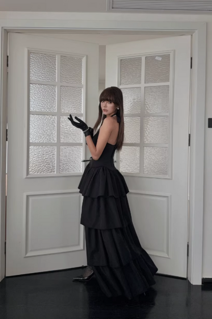 Black Halter Neck Corset Waist Prom Dress, High Low Tiered Ruffle Formal Evening Gown FD023