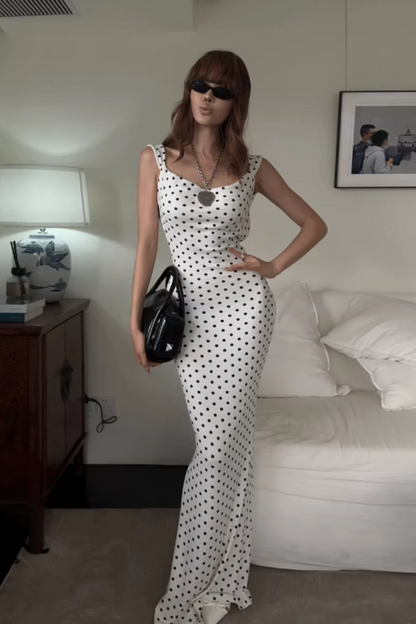 White Polka Dot Open Back Bow Detail Mermaid Prom Dress, Formal Evening Gown FD024