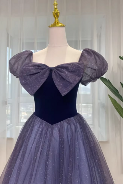 Purple Velvet Bow Prom Dress, Vintage Puff Sleeve Tulle Ball Gown for Formal Evening Party FD027