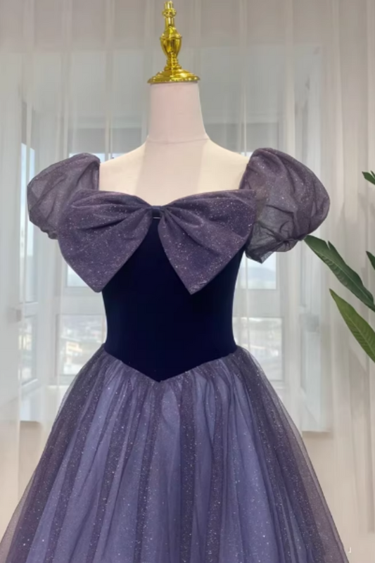 Purple Velvet Bow Prom Dress, Vintage Puff Sleeve Tulle Ball Gown for Formal Evening Party FD027