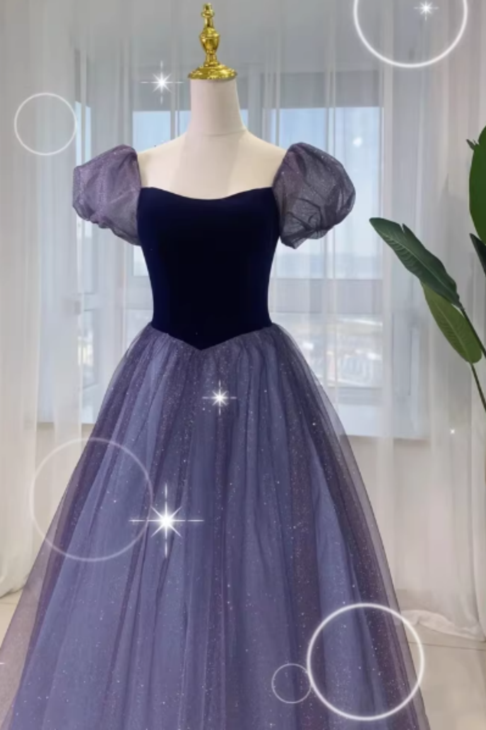 Purple Velvet Bow Prom Dress, Vintage Puff Sleeve Tulle Ball Gown for Formal Evening Party FD027