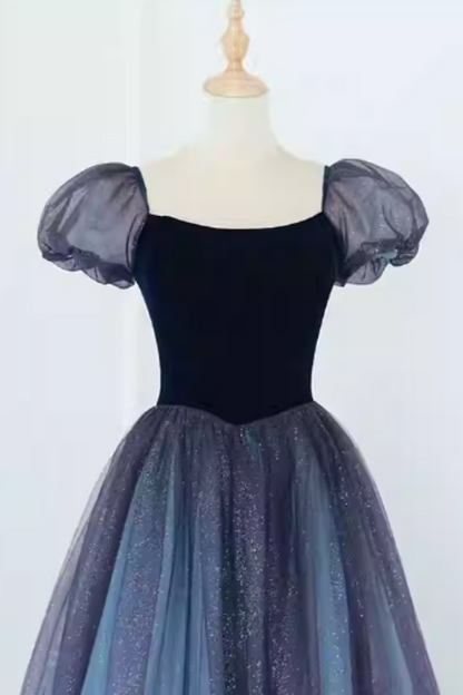 Purple Velvet Bow Prom Dress, Vintage Puff Sleeve Tulle Ball Gown for Formal Evening Party FD027
