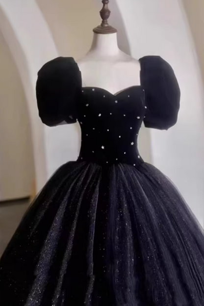 Black Velvet Puff Sleeve Prom Dress, Sweetheart Neck Tulle Ball Gown for Evening Party FD028