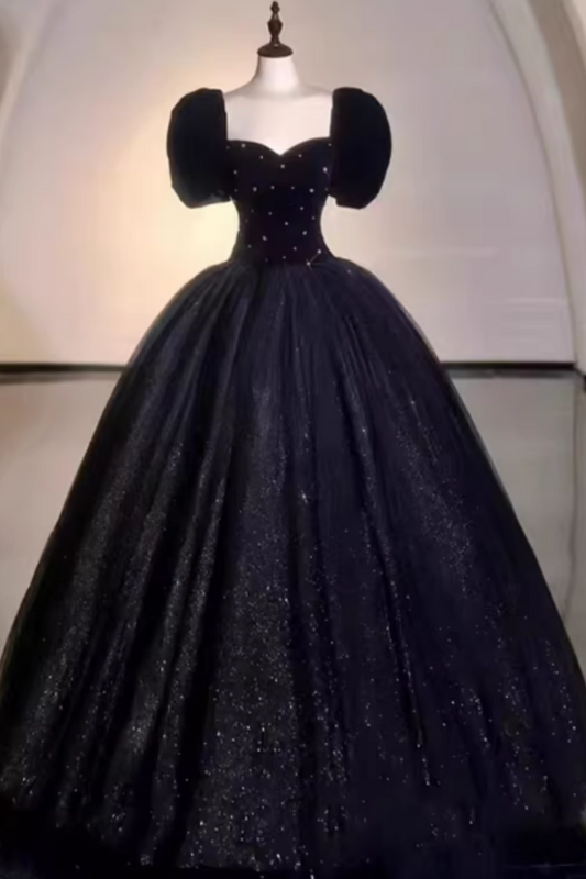 Black Velvet Puff Sleeve Prom Dress, Sweetheart Neck Tulle Ball Gown for Evening Party FD028