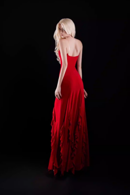 Red Sling High Slit Prom Dress, Backless Ruffle Bodycon Maxi Gown for Evening Party FD030