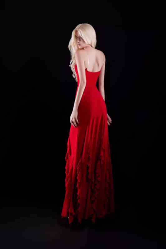 Red Sling High Slit Prom Dress, Backless Ruffle Bodycon Maxi Gown for Evening Party FD030