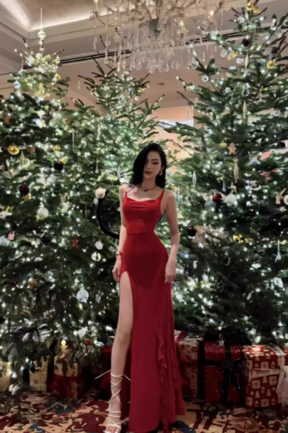 Red Sling High Slit Prom Dress, Backless Ruffle Bodycon Maxi Gown for Evening Party FD030