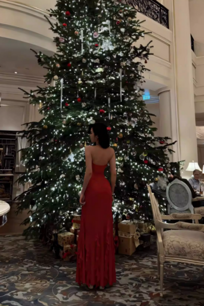 Red Sling High Slit Prom Dress, Backless Ruffle Bodycon Maxi Gown for Evening Party FD030
