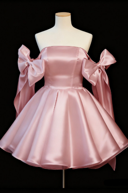 Satin Short Princess Prom Dress, Bow Off-the-Shoulder Mini Gown for Birthday Party Floral-013
