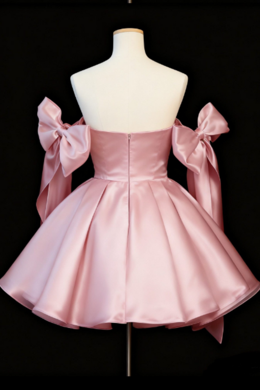 Satin Short Princess Prom Dress, Bow Off-the-Shoulder Mini Gown for Birthday Party Floral-013