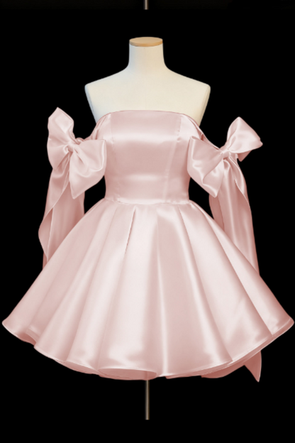 Satin Short Princess Prom Dress, Bow Off-the-Shoulder Mini Gown for Birthday Party Floral-013