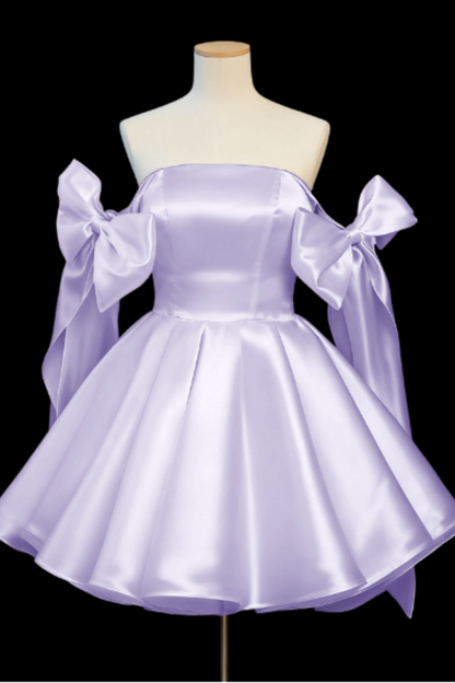Satin Short Princess Prom Dress, Bow Off-the-Shoulder Mini Gown for Birthday Party Floral-013