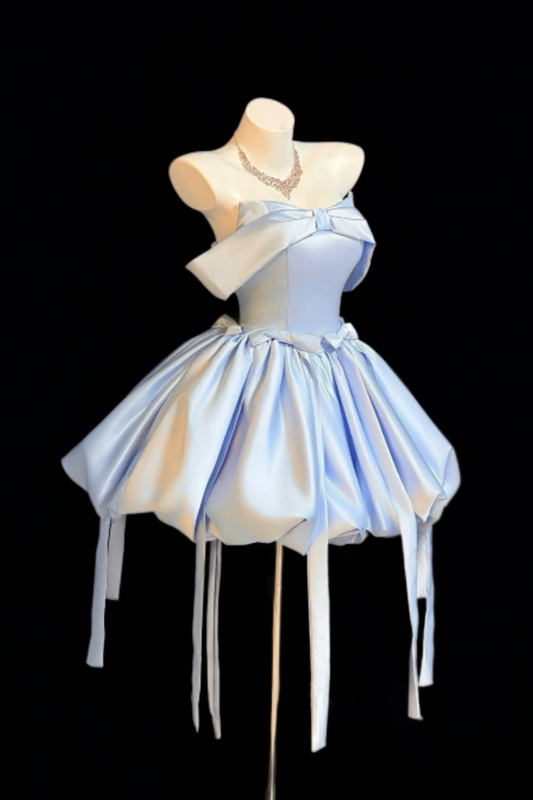 Elegant Light Blue Strapless Satin Bubble Mini Dress with Bow, Luxury Corset Prom Dress for Women, Cute Formal Evening Gown for Party, Birthday and Homecoming Floral022