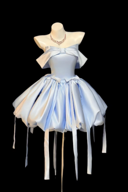 Elegant Light Blue Strapless Satin Bubble Mini Dress with Bow, Luxury Corset Prom Dress for Women, Cute Formal Evening Gown for Party, Birthday and Homecoming Floral022