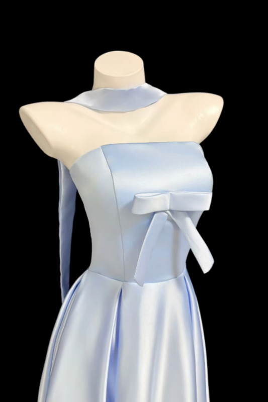 Elegant Light Blue Satin Halter Neck Maxi Dress, Bow Detail Corset Prom Dress, A-line Formal Evening Gown for Wedding Guest, Bridesmaid and Party Floral023