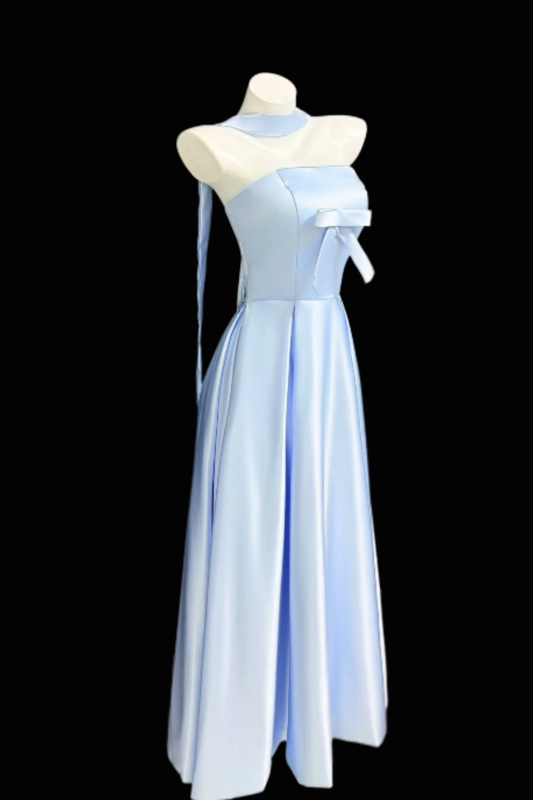 Elegant Light Blue Satin Halter Neck Maxi Dress, Bow Detail Corset Prom Dress, A-line Formal Evening Gown for Wedding Guest, Bridesmaid and Party Floral023
