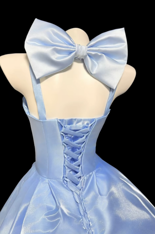 Elegant Light Blue Satin Halter Neck Bubble Mini Dress with Oversized Bow, Luxury Corset Prom Dress for Women, Cute Formal Evening Gown for Party, Birthday and Homecoming Floral024