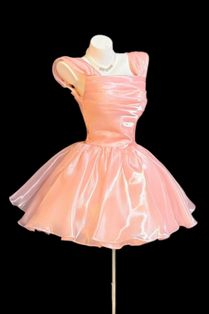 Elegant Pink Shiny Satin Square Neck Bubble Mini Dress, Luxury Corset Prom Dress for Women, Cute Formal Evening Gown for Party, Birthday and Homecoming  Floral024