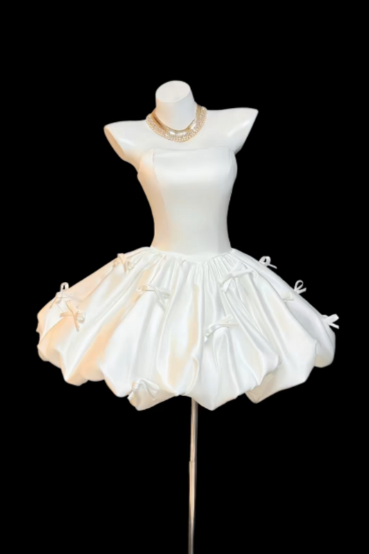 White Strapless Satin Bubble Mini Dress with Bow Detail, Luxury Corset Prom Dress for Women, Cute Formal Evening Gown for Party, Birthday and Homecoming  Floral025