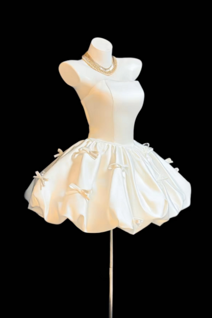 White Strapless Satin Bubble Mini Dress with Bow Detail, Luxury Corset Prom Dress for Women, Cute Formal Evening Gown for Party, Birthday and Homecoming  Floral025