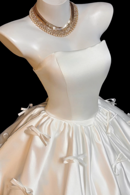 White Strapless Satin Bubble Mini Dress with Bow Detail, Luxury Corset Prom Dress for Women, Cute Formal Evening Gown for Party, Birthday and Homecoming  Floral025
