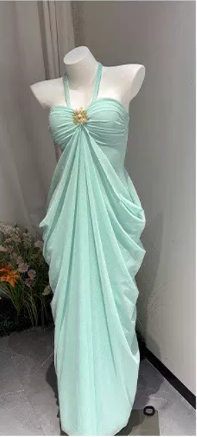 Custom Mint Halter Draped Mesh Maxi Dress Beach Wedding Guest Long Evening Gown Elegant Vacation Outfit Floral052