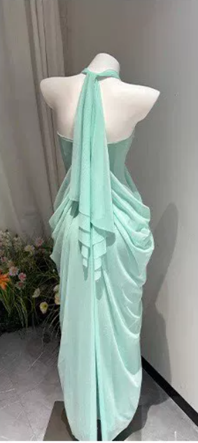 Custom Mint Halter Draped Mesh Maxi Dress Beach Wedding Guest Long Evening Gown Elegant Vacation Outfit Floral052