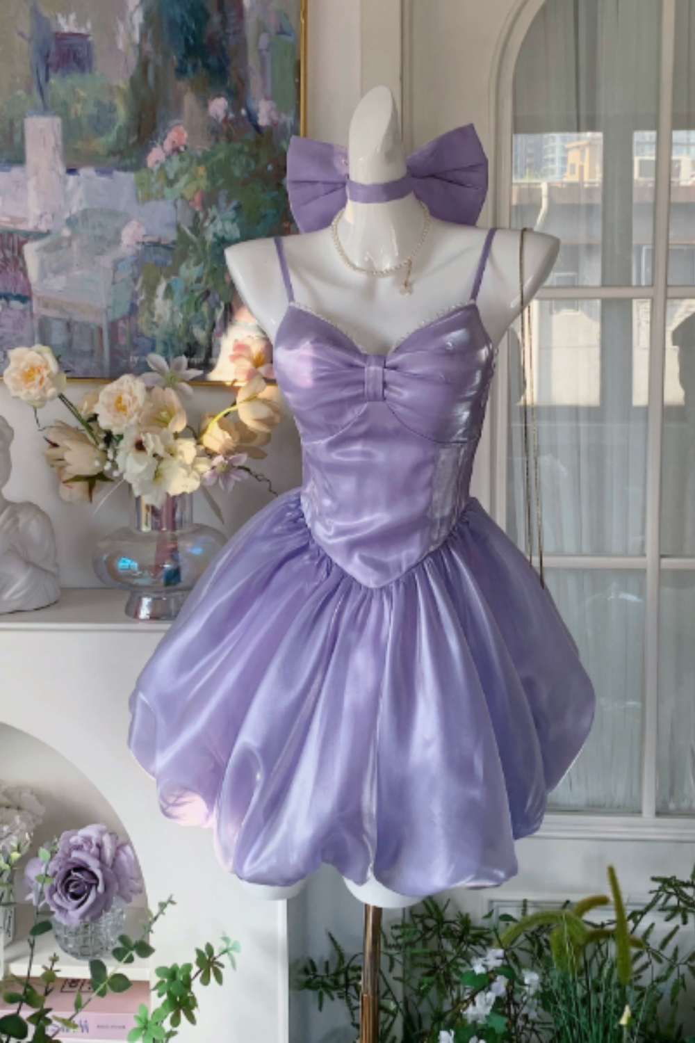 Fairy Satin Puff-Sleeve Mini Dress for Homecoming or Birthday Parties FD054
