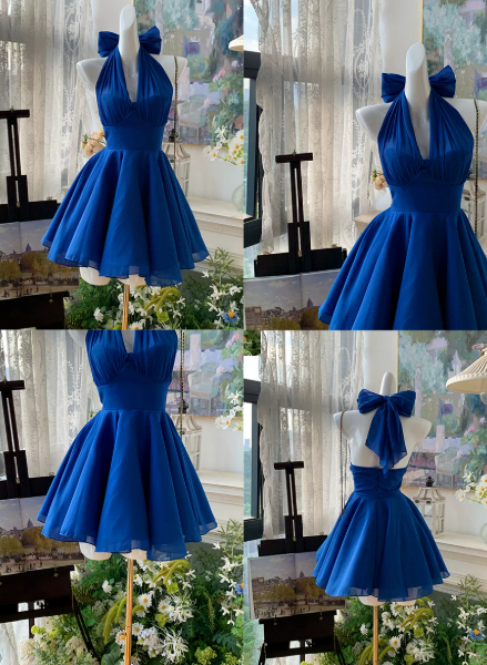 Halter Bow Chiffon Mini Dress, Homecoming Party A-Line Gown F055