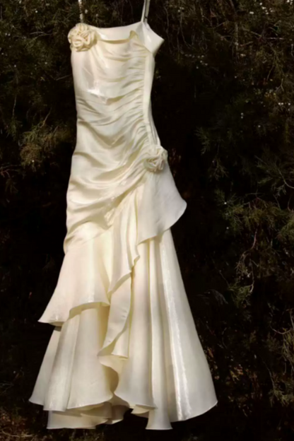 Spaghetti Strap Mermaid Formal Dress, 3D Floral Ruffled Gown for Party F0121