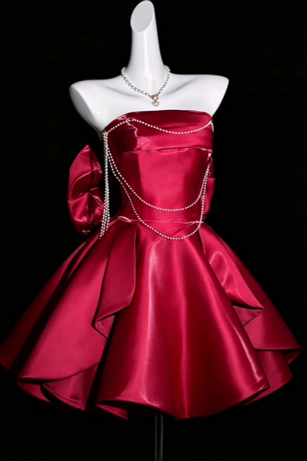 Burgundy Strapless Satin Mini Dress Pearl Chain Bow Ruffle Party Gown F0145