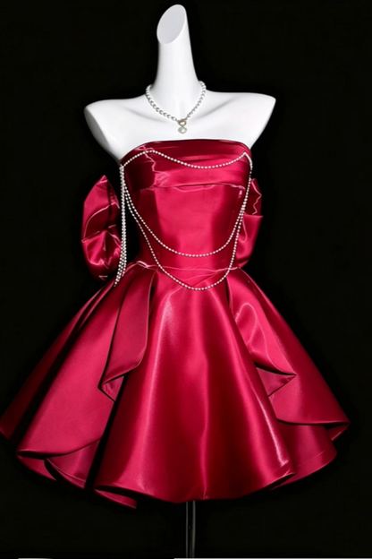 Burgundy Strapless Satin Mini Dress Pearl Chain Bow Ruffle Party Gown F0145